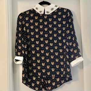 100% Silk Tiger Polka Dot Rhinestone Collar Blouse